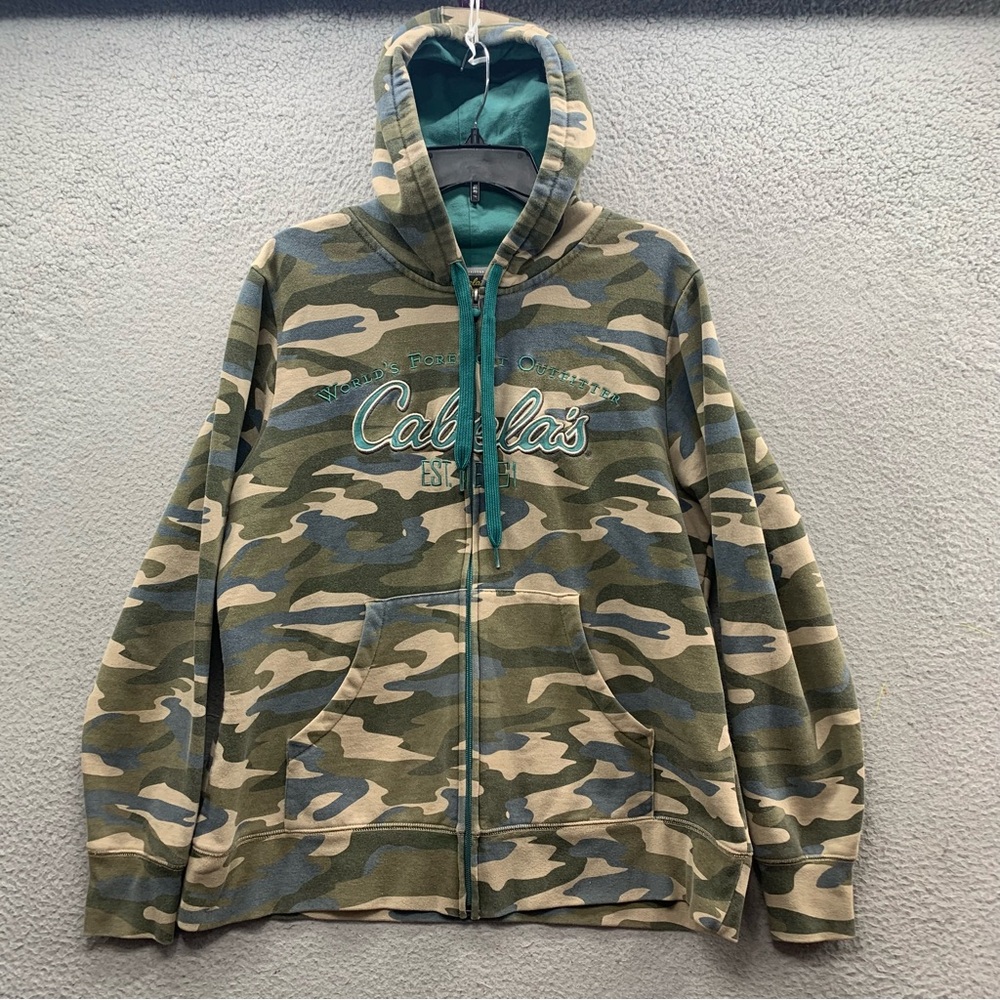 Cabelas Sweatshirt Hoodie Mens Size XL Camo Long Sleeve Full Zip Hunting Fishing